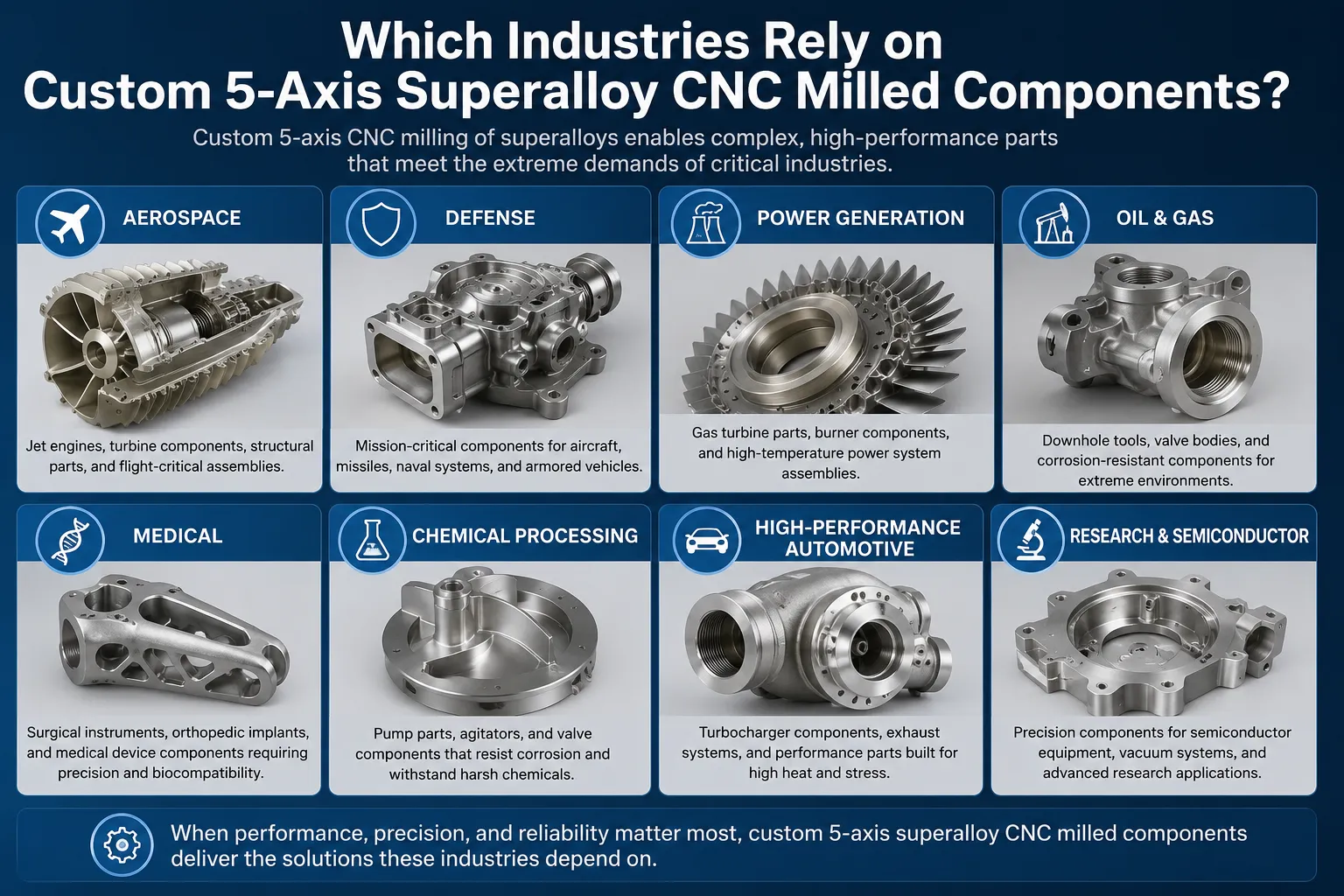 Infographic showing industries using custom 5-axis superalloy CNC milled components, including aerospace, defense, power generation, oil and gas, medical, chemical processing, automotive, and semiconductor applications.