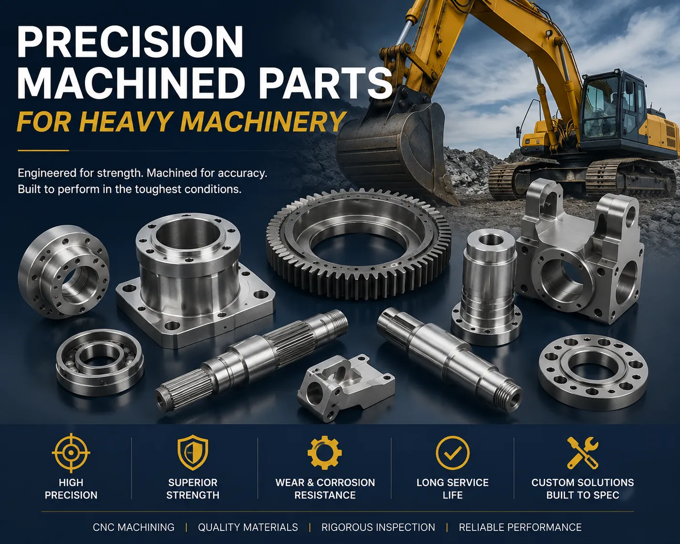 Precision machined parts for heavy machinery, including CNC-machined gears, shafts, flanges, and custom components for construction and mining equipment.