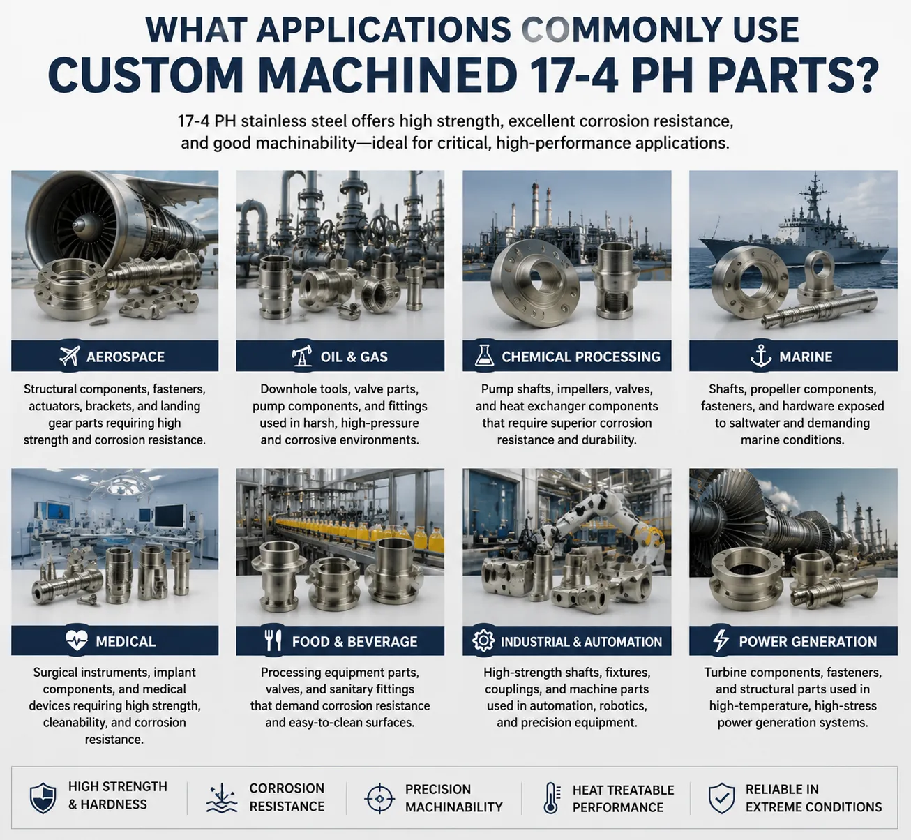 Custom machined 17-4 PH stainless steel parts used in aerospace, oil and gas, chemical processing, marine, medical, and industrial applications