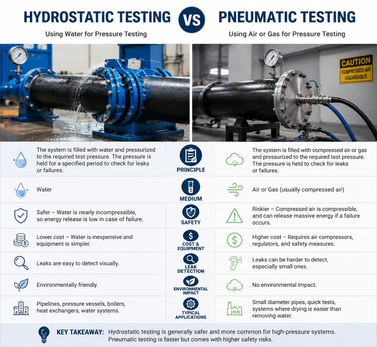 Comparación entre las pruebas hidrostáticas y las pruebas neumáticas, en la que se analizan los métodos de ensayo con agua y aire a presión, la seguridad, el coste, la detección de fugas y las aplicaciones industriales.