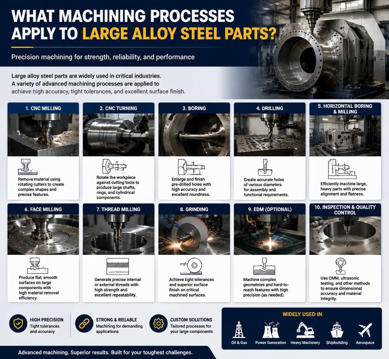 Large alloy steel parts machining processes including CNC milling, turning, boring, drilling, grinding, and quality inspection