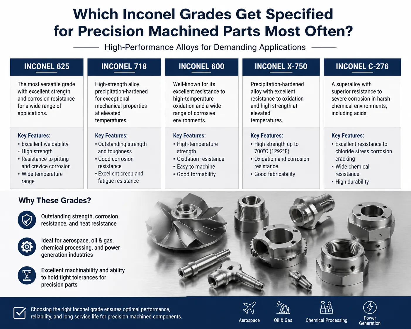 Common Inconel grades for precision machined parts, including Inconel 625, 718, 600, X-750, and C-276 alloys used in aerospace, oil and gas, chemical processing, and power generation applications.