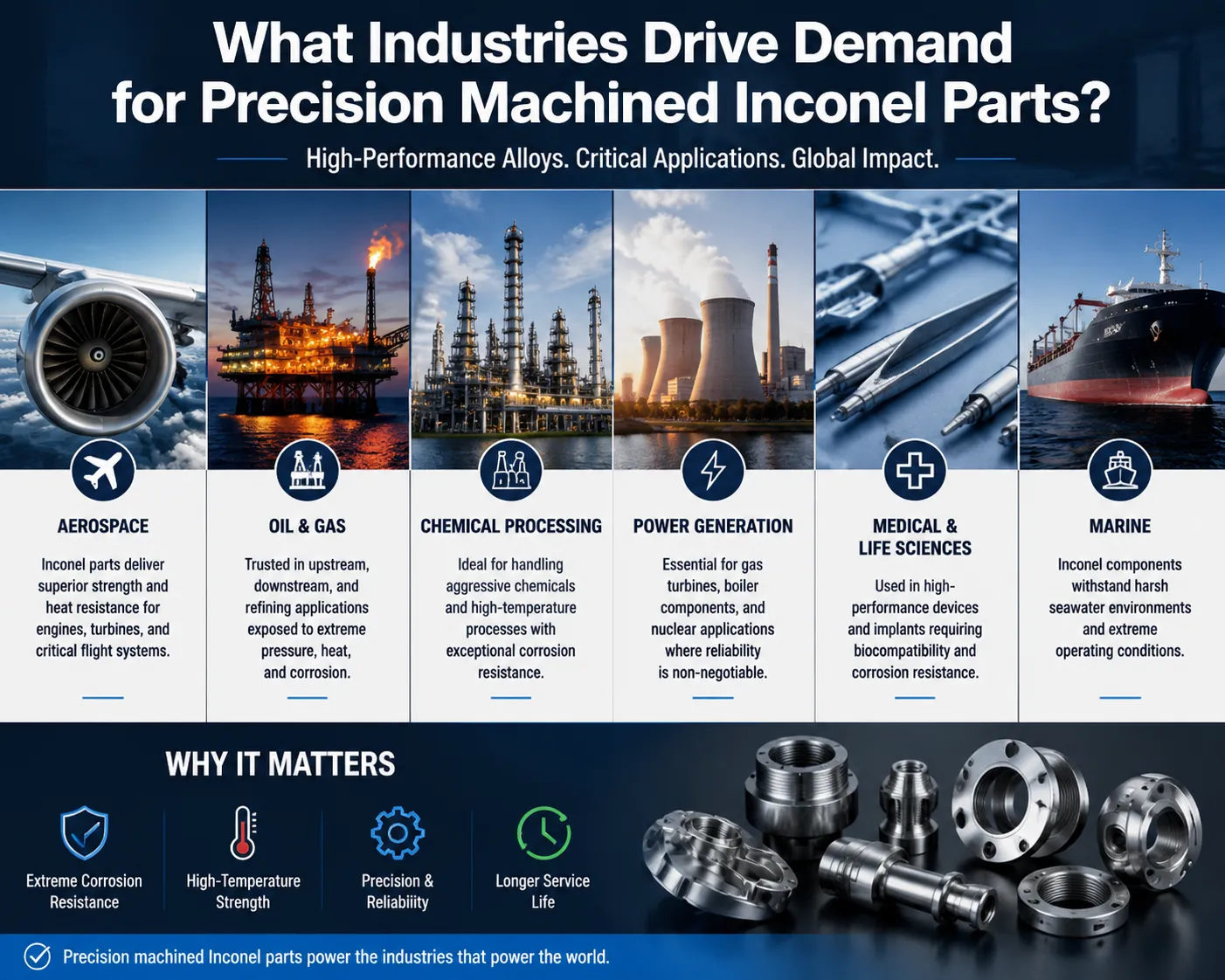 Industries using precision machined Inconel parts, including aerospace, oil and gas, chemical processing, power generation, medical, and marine applications.