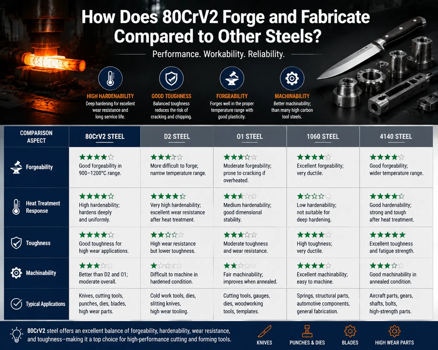 80CrV2 steel forging and fabrication comparison with D2, O1, 1060, and 4140 steels for knives, tools, blades, and wear-resistant parts.