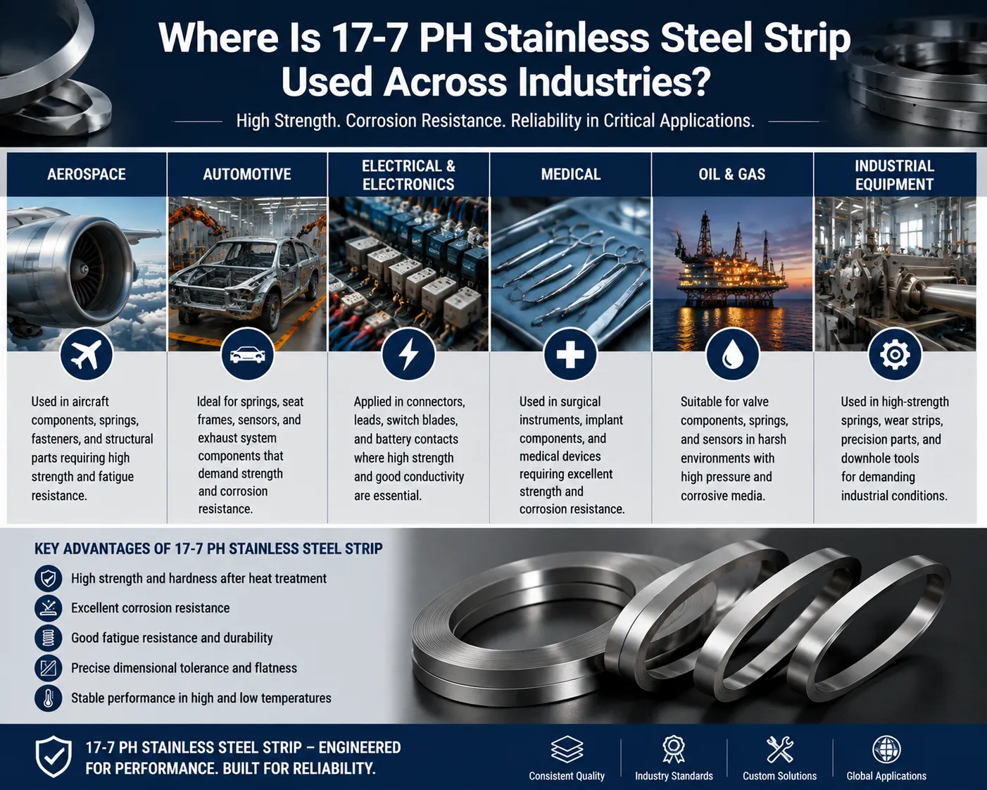 17-7 PH stainless steel strip applications across aerospace, automotive, electronics, medical, oil and gas, and industrial equipment industries.
