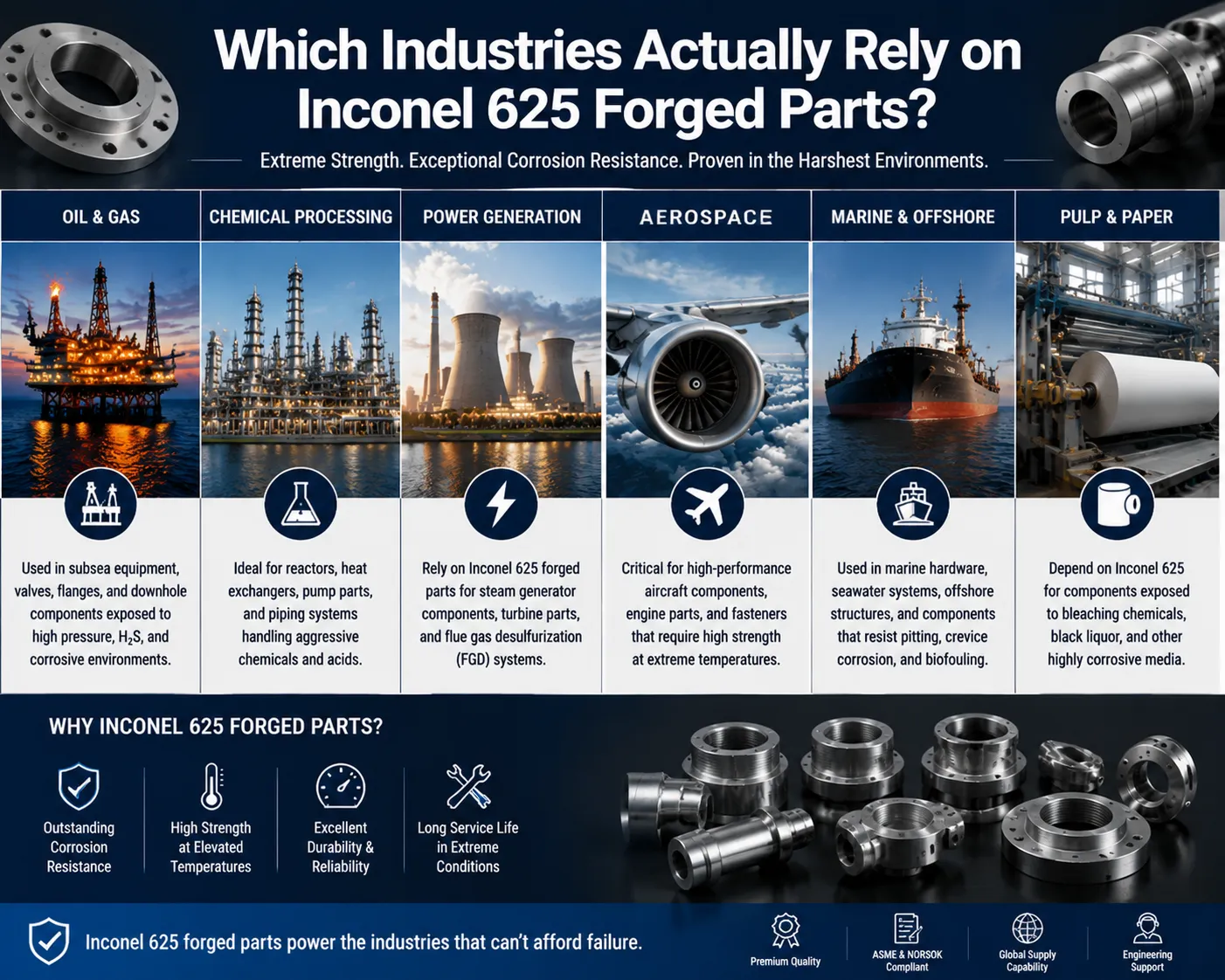 Inconel 625 forged parts used in oil and gas, chemical processing, aerospace, power generation, marine, and pulp and paper industries.