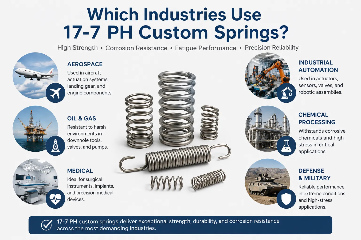 17-7 PH custom springs for aerospace, oil and gas, medical, automation, chemical, and defense industries.