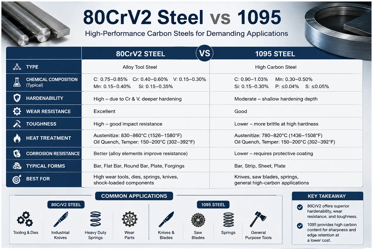 80CrV2 steel vs 1095 steel comparison of hardness, wear resistance, toughness, heat treatment, and applications.