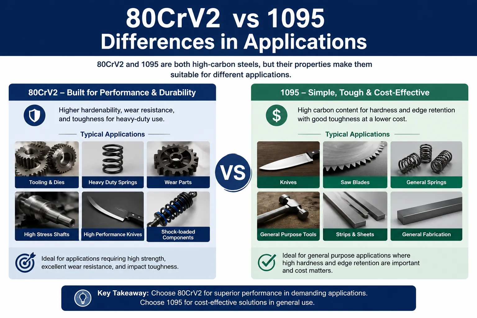 80CrV2 vs 1095 steel applications for springs, knives, wear parts, tooling, and high-stress components.
