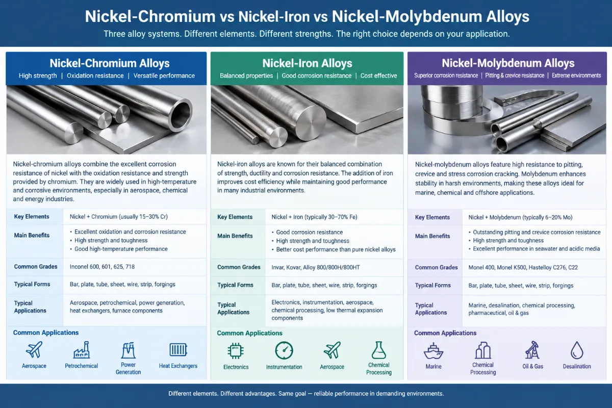 Nickel-chromium vs nickel-iron vs nickel-molybdenum alloys comparison chart showing properties, grades, applications, and industrial alloy forms.
