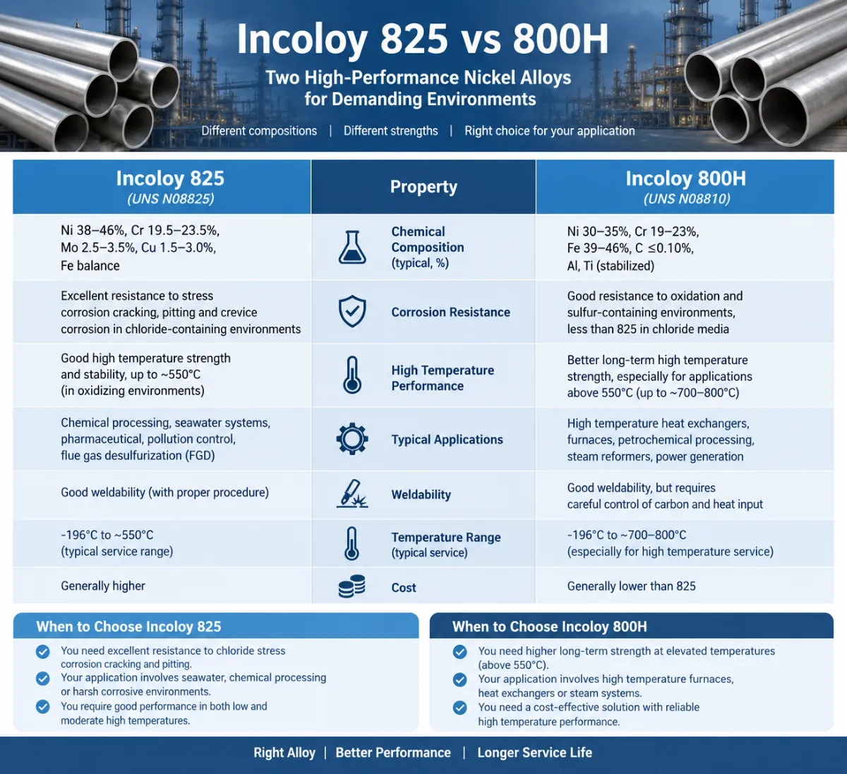 Incoloy 825 vs 800H comparison of composition, corrosion resistance, high-temperature performance, applications, and service range