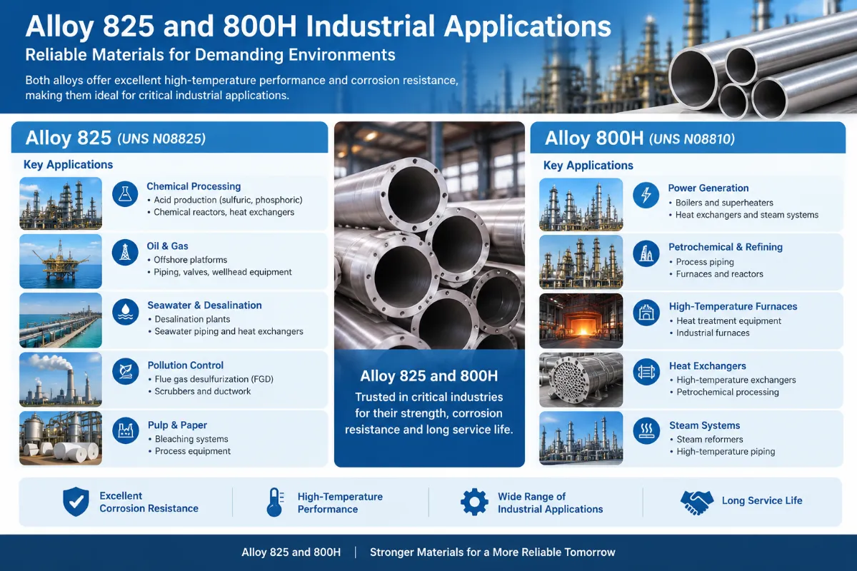 Alloy 825 and 800H industrial applications in chemical processing, oil and gas, power generation, heat exchangers, and high-temperature furnaces