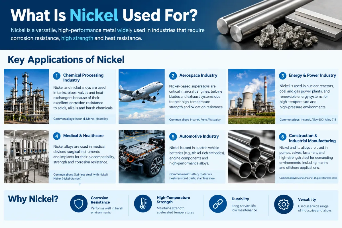 What is nickel used for? Nickel applications in chemical processing, aerospace, energy, automotive, healthcare, and industrial manufacturing