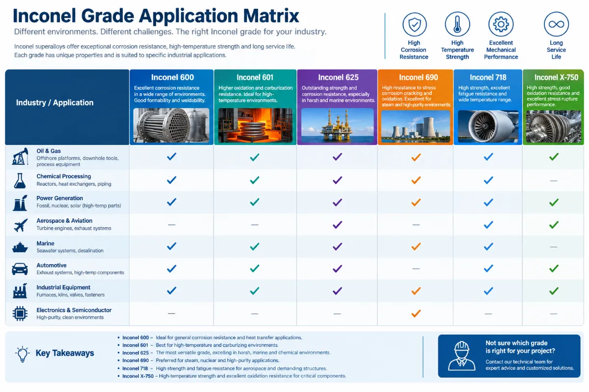 Inconel grades and typical industrial applications