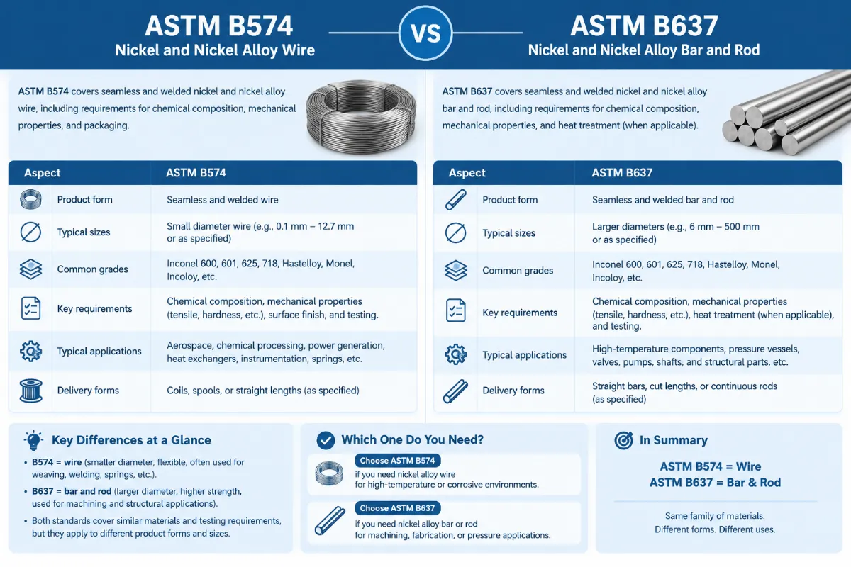 ASTM B574 vs ASTM B637 comparison of nickel alloy wire, bar, and rod specifications, sizes, applications, and key differences