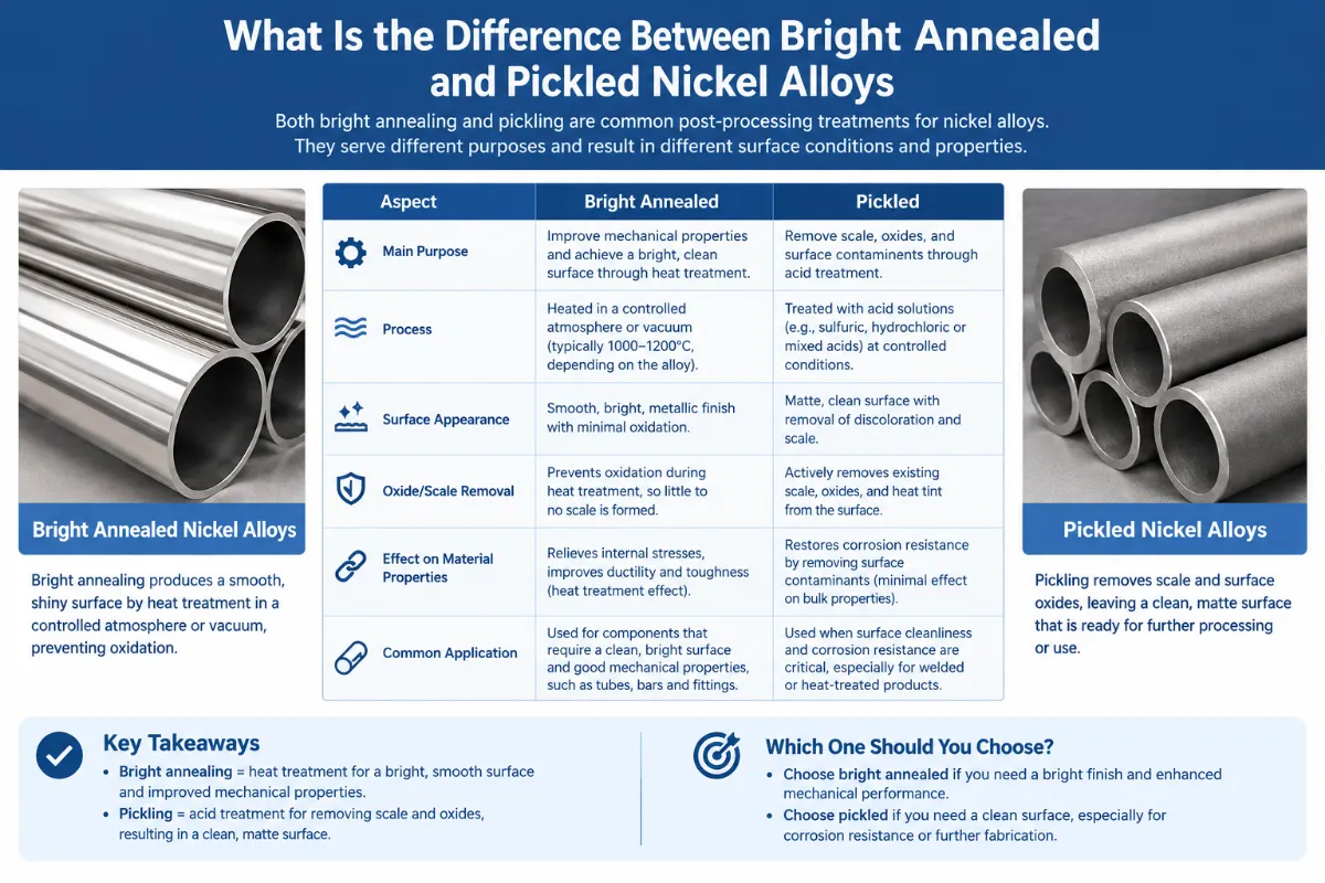 Bright annealed vs pickled nickel alloys infographic comparing surface finish, heat treatment, oxide removal, material properties, manufacturing processes, and industrial applications.
